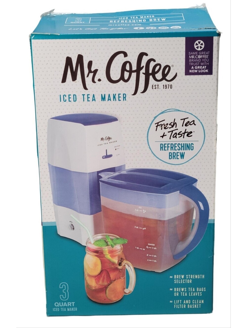 Mr. Coffee TM75 3-Qt Iced Tea Maker White/Blue Pitcher Auto Shut-Off